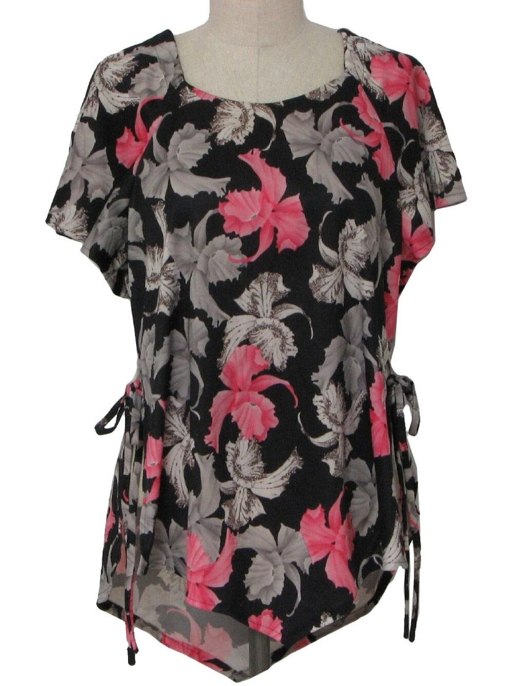 Vintage 1970s Floral Angel Wing Cold Shoulder Tunic Top Women’s Medium